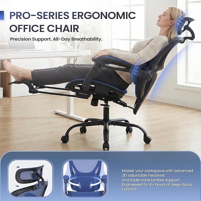 MALOL Ergonomic Mesh Office Chair with Footrest, Executive High Back Computer Desk Chair with 3D Adjustable Headrest & 5-Level Lumbar Support, Track Armrest, Tilt Lock, 300LBS, Blue