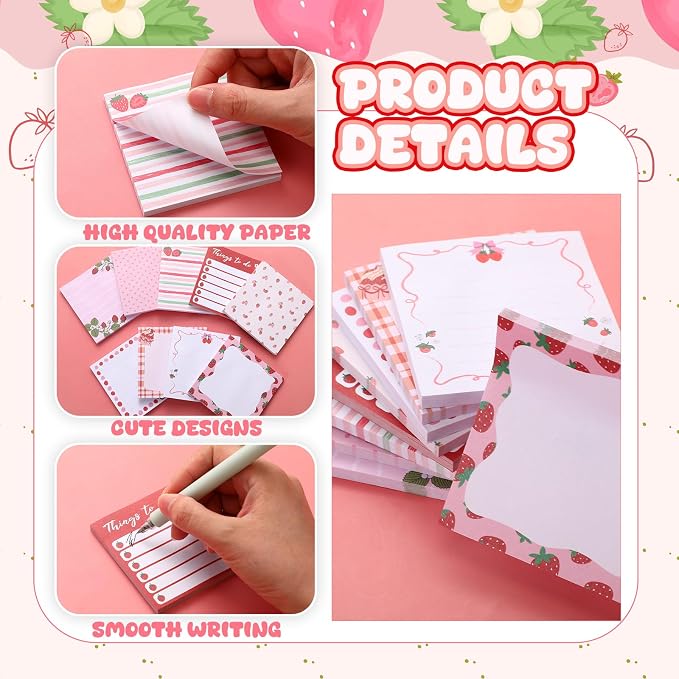 9 Pads Cute Sticky Notes Cartoon Self Stick Notepads 3x3 Inches Notes Adhesive Memo Pad Office Decor Gifts for Students School Teacher Office Meeting(Strawberry)