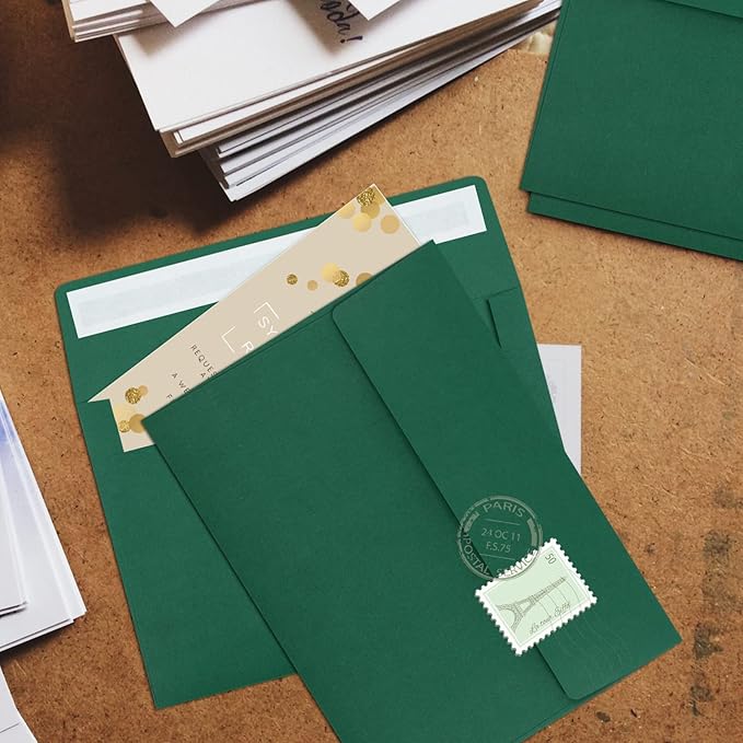 50 Packs 5x7 Envelopes, A7 5x7 Envelopes for Invitations, Printable Invitation Envelopes Self Seal for Weddings, Invitations, Photos, Greeting Cards, Mailing (Dark Green)