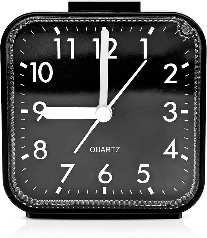 Lamisola Small Analog Alarm Clock for Bathroom, Black Travel Clock, Battery Operated, Quieter Bedside Dial Clocks for Bedrooms Kitchen, Shelf Desk Clock