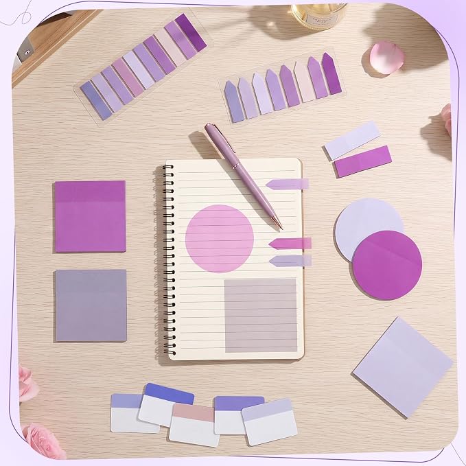 Glenmal Transparent Sticky Note Set 910 Sheets Translucent Clear Self-Adhesive Sticky Notes Bulk Gradient Color Waterproof for Bible Tabs Book Tabs Office Study Supplies Book Annotation(Purple)