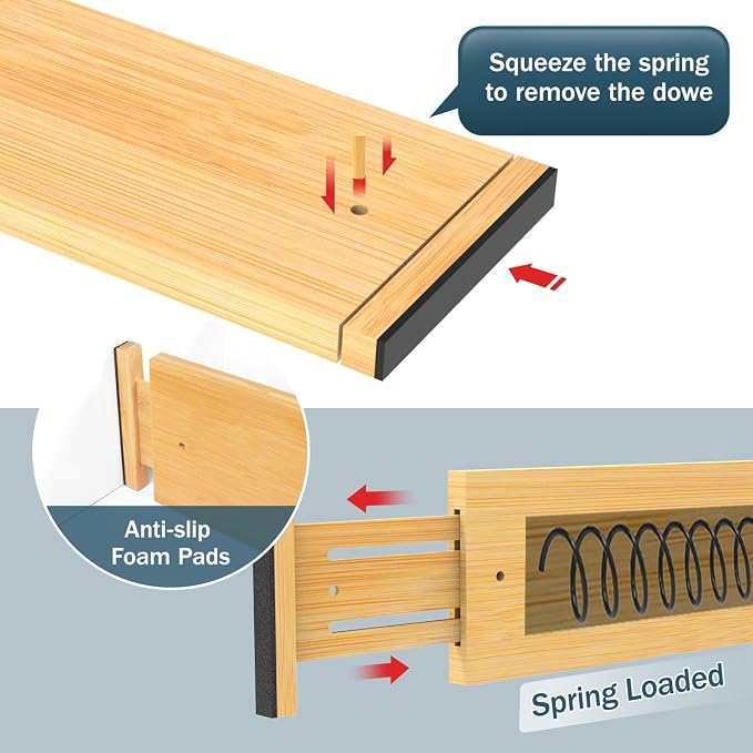Lzerking Bamboo Drawer Dividers 4.65" High, Adjustable Dresser Drawer Organizers, 12-17.5" Expandable Deep Kitchen Drawer Divider for Dresser, Closet, Kitchen, Bedroom, Bathroom, 6 Pack