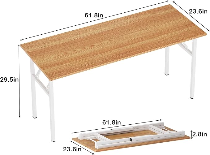 sogesfurniture Foldable Computer Desk 62 inches, Modern Large Folding Sturdy Laptop Workstation for Home Office, No Assembly Portable Study Table Writing Gaming Desk for Small Spaces, Teak White