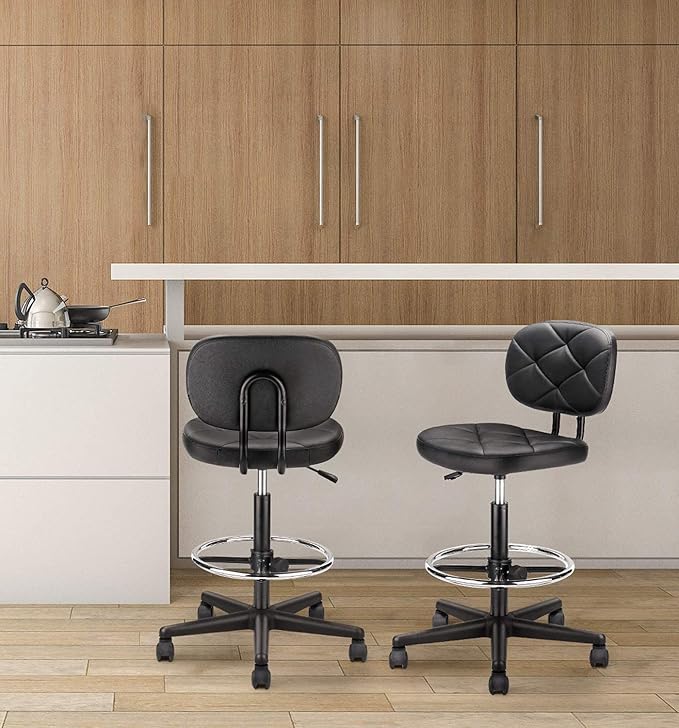 KLASIKA Tall Drafting Rolling Stool Chair with Low Back Support and Adjustable Foot Rest Ring Set of 2 PU Leather Vinly Wide Seat Swivel Standing Desk Chair for Office Home 2 Pack