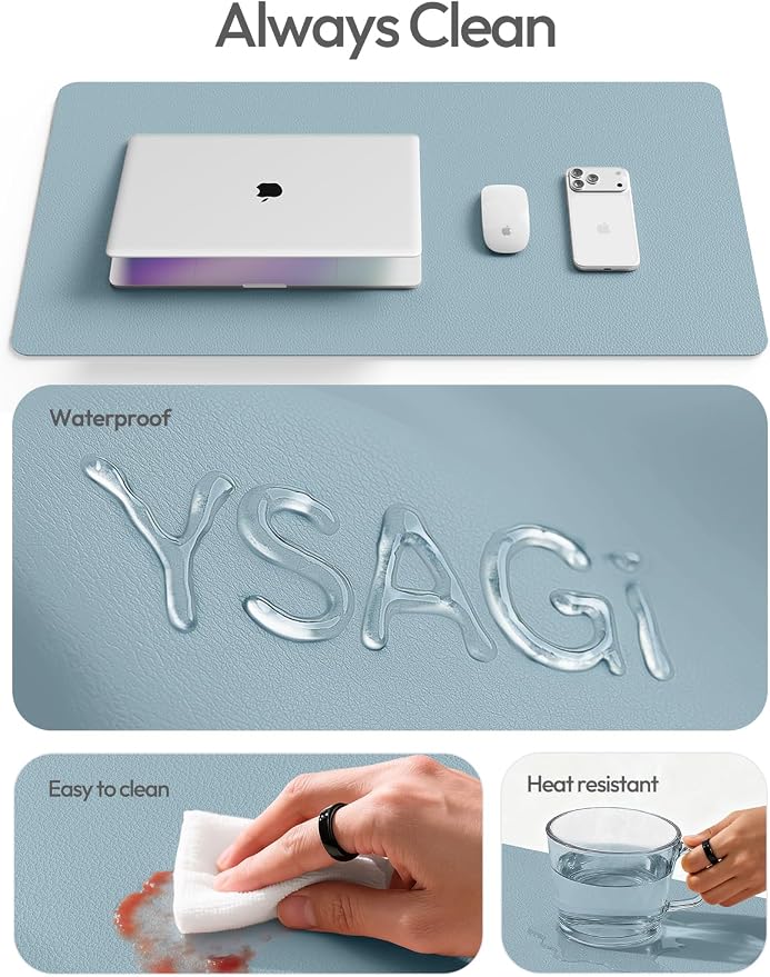 YSAGi Leather Desk Protector, Office Mat, Large Mouse Mat, Non-Slip PU Leather Blotter, Laptop Desk Mat, Waterproof Writing Pad for Office and Home(Ice Blue, 63" x 24")