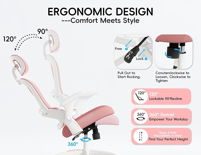 TRALT Office Chair - Ergonomic Office Chair with Back Support, Home Office Desk Chairs, 330lbs Wide Seat Big and Tall Office Chairs with Headrest, Comfy Desk Chairs (Pink)
