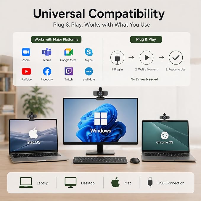 Full HD 1080P Webcam with Microphone, Noise-Canceling, Privacy Cover, Wide-Angle Lens, Auto Light Correction, Plug & Play USB Web Camera for Laptop, Desktop, PC, Mac, Zoom, Skype – Pro Series