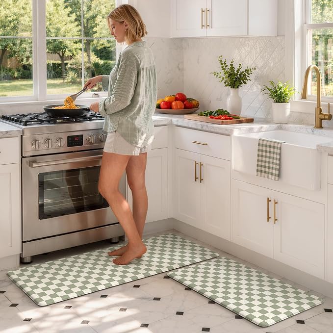 KIMODE Anti Fatigue Kitchen Mats for Floor,Farmhouse Kitchen Rugs Sets of 2 | Cushioned Kitchen Floor Mats, Light Green Standing Desk Mat, Checkered Laundry Room Rugs for Bath Sink Home Summer Decor RV