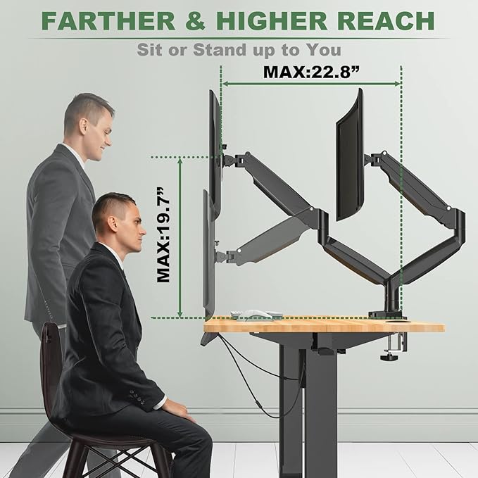 Dual Monitor Mount, Dual Monitor Desk Mount for Two Ultrawide 22"-34" Flat/Curved Computer Screens, Fully Adjustable Gas Spring Double Monitor Stand Arms Hold 26.5lbs, VESA 75x75/100x100mm