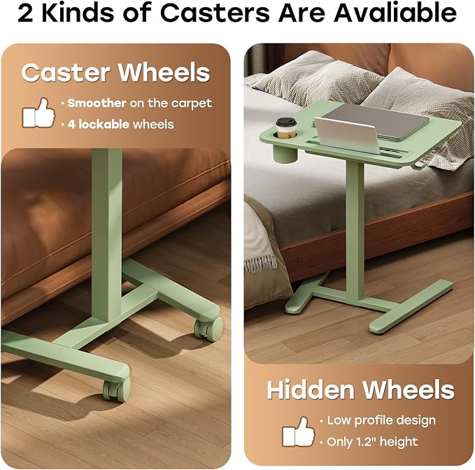 Small Mobile Standing Desk with Drawer, 23.6" x 19.7" Top | Height Adjustable Portable Laptop Desk with Wheels & Cup Holder, Sit Stand Computer Workstation for Compact Space, Sage Green