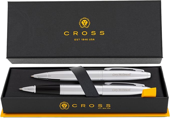 Cross Calais Engraved Ballpoint and Rollerball Pen Set, Chrome, Art Deco Design, Matching Engraving on Both Pens, Gift for Graduation, Writers, Career Advancement, Cross Gift Box