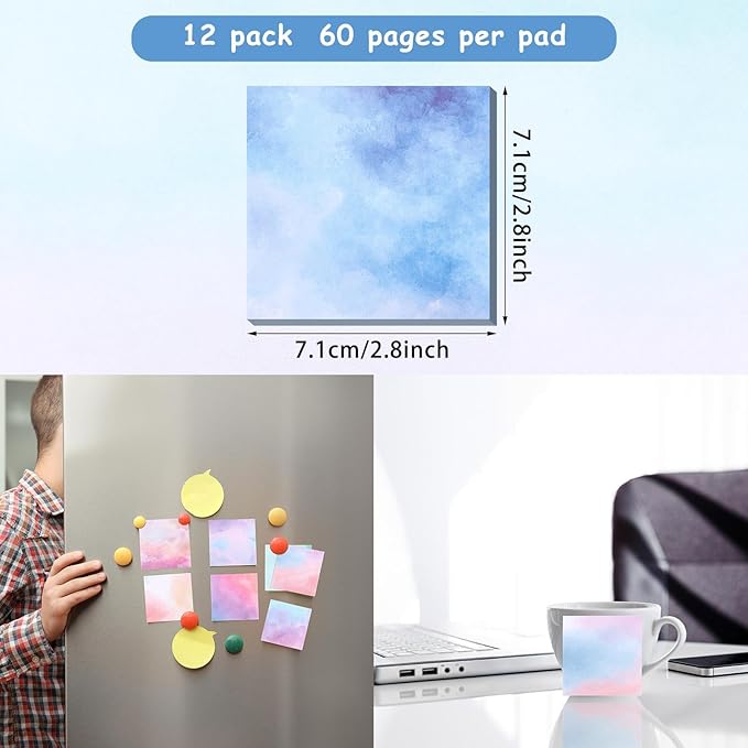 Outus 12 Pads 720 Sheets Gradient Watercolor Sticky Notes 2.8 x 2.8 Inch Cute Sticky Notes Bulk Fun Self Adhesive Memo Pads for Office School Classroom Home Students Teachers Gifts(Classic)