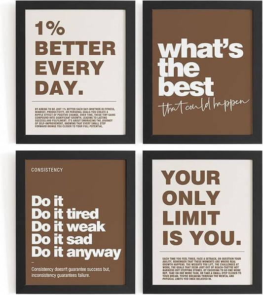 DSHFG Motivational Inspirational Office Wall Art Decor Prints Set of 4, Black Motivational Wall Decor Trendy Retro Posters for Office Home Decor, 8x10 Unframed (Brown)