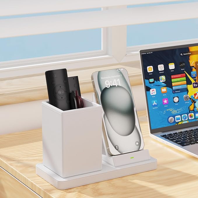 LADSTAG Desk Organizer with Phone Holder,White Multi-Functional Pencil Holder for Desk, Desk Organizers and Accessories for Office Art Supplies,Desk Phone Stand Charger for Desktop/Counter