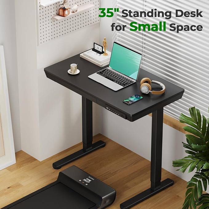 Electric Standing Desk with Drawer, 35" x 20" Whole Piece Tabletop Small Sit Stand Table, Height Adjustable Desk with Storage & USB Ports, Quick Install Home Office Computer Desk, Black