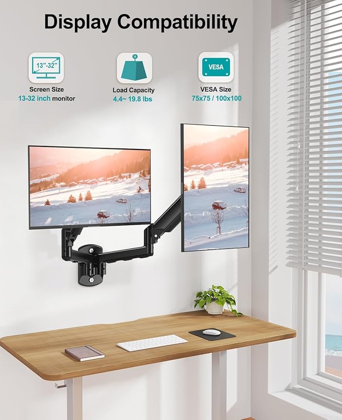 MOUNT PRO Dual Monitor Wall Mount for 2 Computer Screen up to 32 Inch, Gas Spring Double Monitor Arm Holds Up to 19.8lbs Each, Full Motion Adjustable Wall Monitor Mount, VESA Mount 75x75/100x100