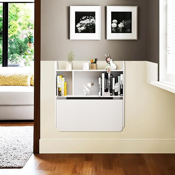 Wall Mounted Drop-Leaf Table, Floating Laptop Desk, Folding Table with Shelves, Multifunctional Computer Workstation with Storage Compartments in Home Office for Space Saving (White)