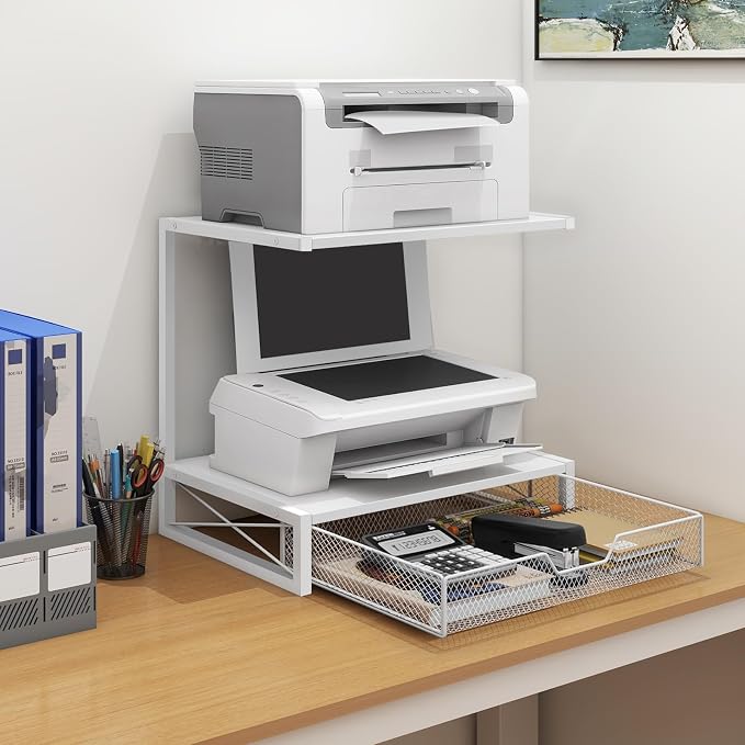 ELITEROO Printer Stand for Desk with Storage Drawer, 2 Tier Desk Shelf | Wood Desktop Organizer for Home Office, Fits 3D Printer, Scanner, Fax Machine, Books, White