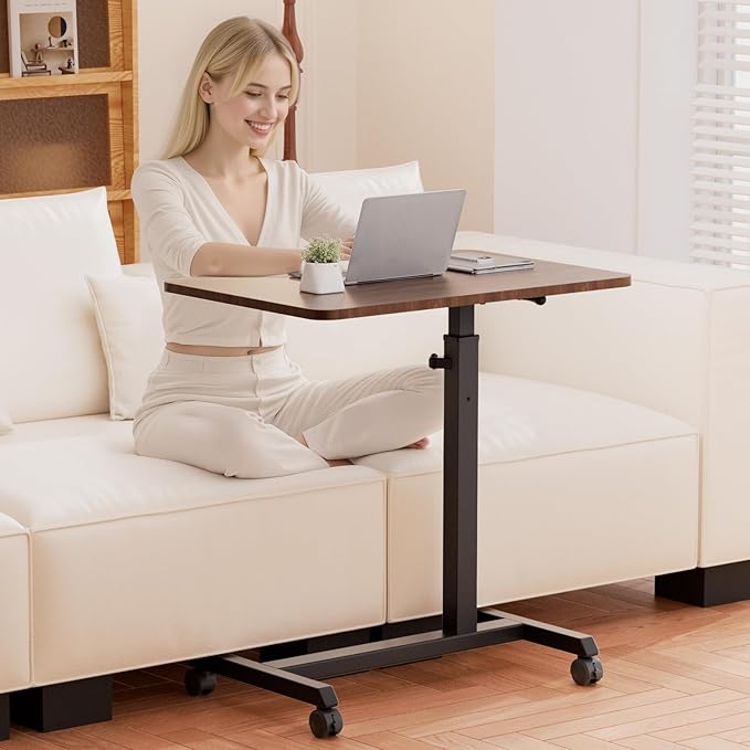 GTPLAYER Small Standing Desk, 24 Inches Mobile Foldable Rolling Laptop PC Table with Lockable Casters, Adjustable Height Overbed Bedside Table Computer Workstation for Home Office, Walnut