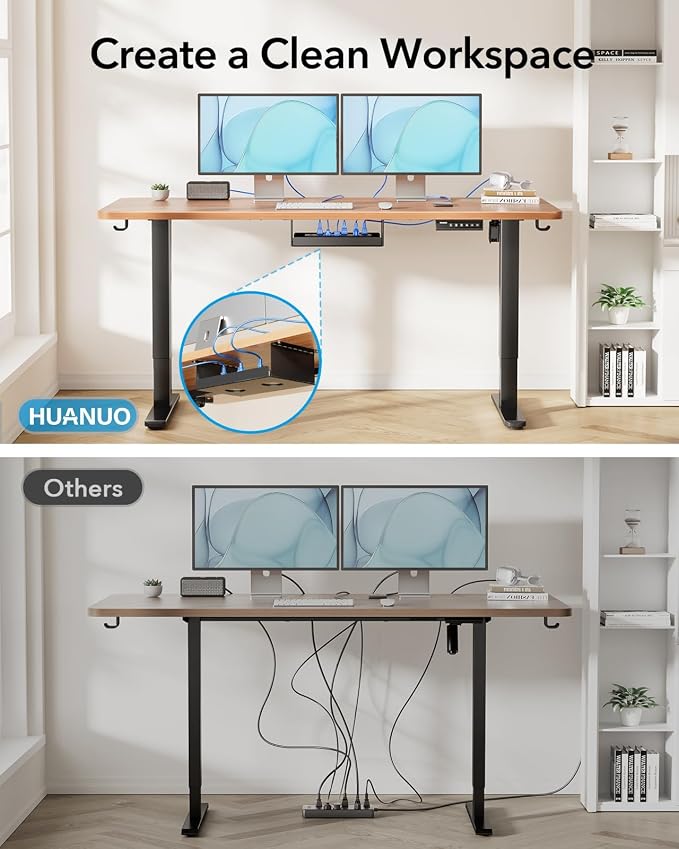 HUANUO Standing Desk Frame with 220lbs Powerful Brushless Motor, Thick T-Shaped Adjustable Desk Legs Made of Automotive-Grade Steel, for Max 75″ x 35″ Desktop, for Home Office, Black Frame Only