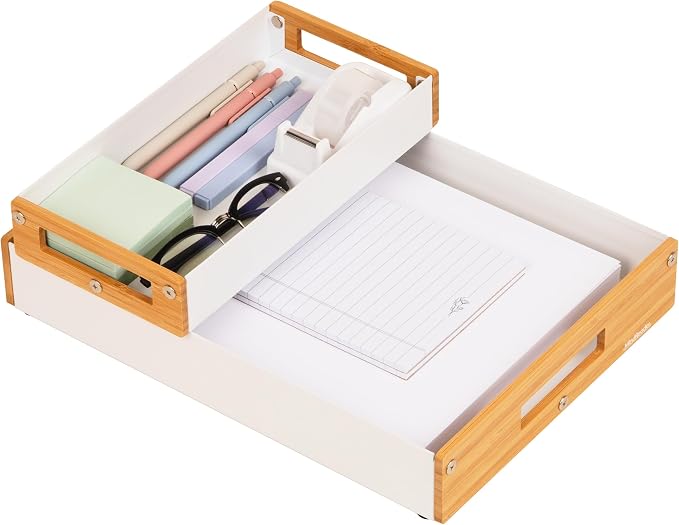 Mind Reader Metal and Wood Tiered Desktop Organizer Trays with Cutout Handles, Stackable Office Storage, Office, Entryway, Coffee Station and Home Organization, Metal and Wood, Set of 2, White