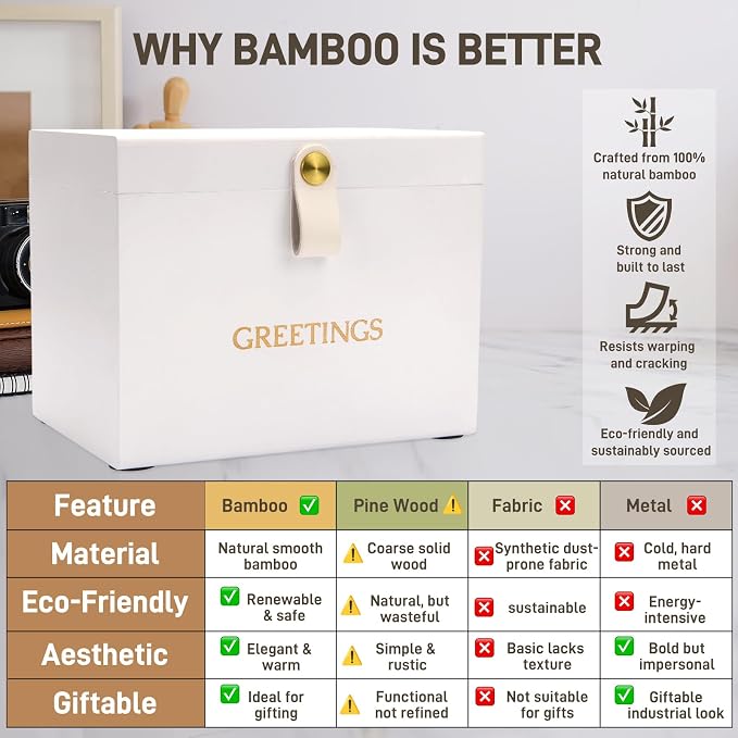 Large Bamboo Greeting Card Organizer Box with 6 Removable Dividers, Real Leather Handle, 100% Handmade Solid Bamboo, Storage Box for Christmas, Valentine, & Birthday Cards, Postcards, Stationery& More