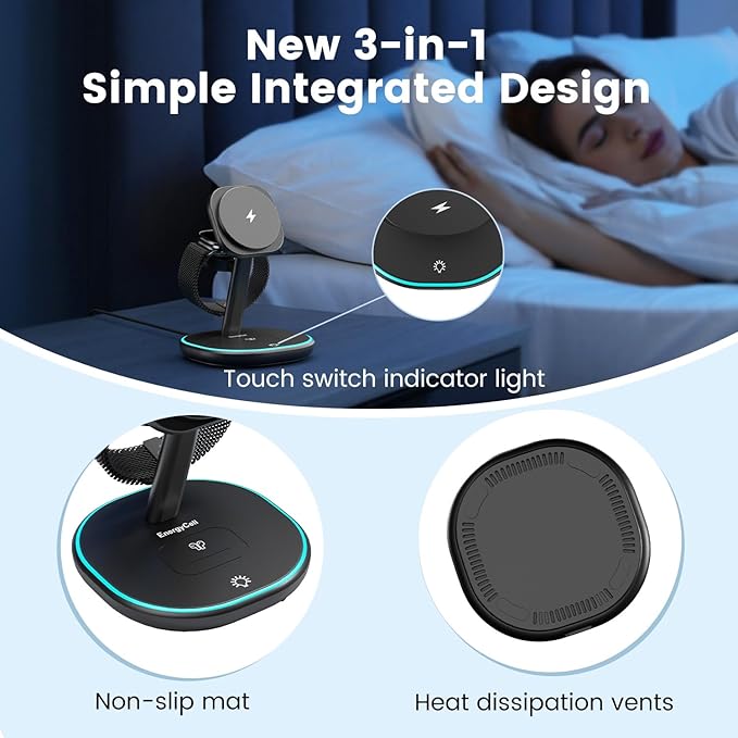 3-in-1 Charging Station, 2X Faster 15W Wireless Charging Station for iPhone 16/15/14/13/12, for Apple Watch, AirPods, Magnetic Wireless Charger with Sleep Friendly Light
