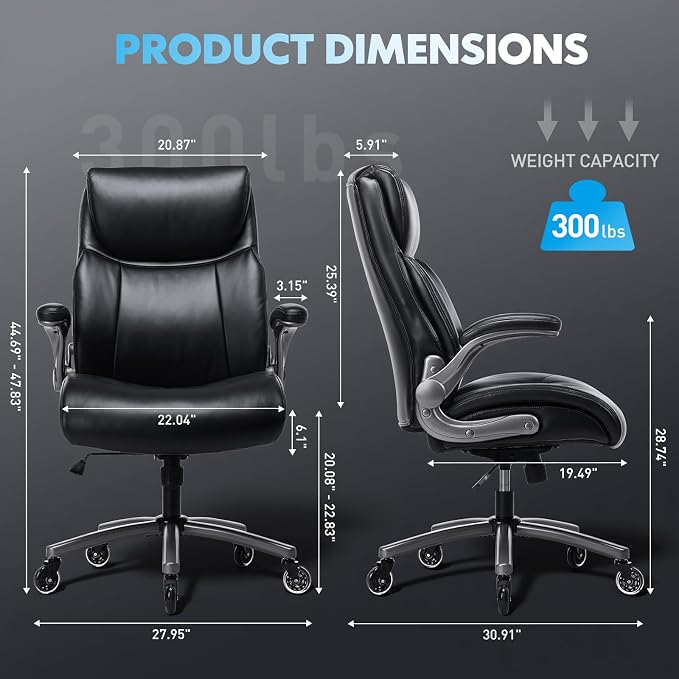 MALOL Ergonomic High-Back PU Leather Executive Office Chairs, Heavy Duty Home Computer Chair with Lumbar Support and Flip-Up Arms, 300lbs, Black