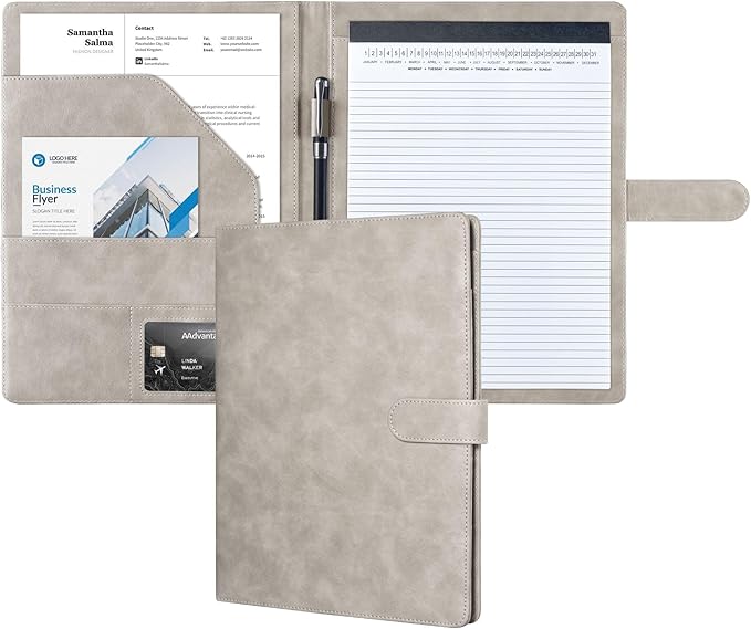 Mymazn Padfolio Portfolio Folder, Faux Leather Interview Resume Folder with Document Organizer & Business Card Holder, Letter-Sized Notepad Legal Pad Holder for Men Women (Grey)