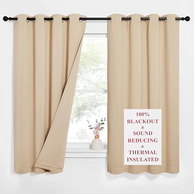 NICETOWN Bedroom Full Blackout Curtain Panels, Super Thick Insulated Window Covers, Complete Blackout Draperies with Noise Absorb Liner for Short Window(Biscotti Beige, Set of 2, 52 by 63-inch)