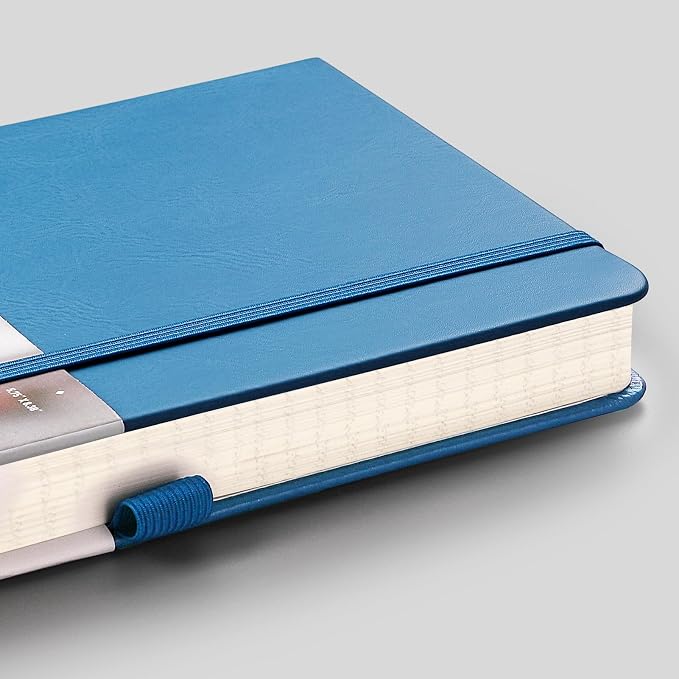 EMSHOI Dotted Journal Notebook, 256 Pages, 120 GSM Thick Paper, A5 Small 5.75"x8.38", PU Leather Hardcover, 5mm Dot Grid Notebook for Journaling, Planning, Drawing, Writing, Light Blue