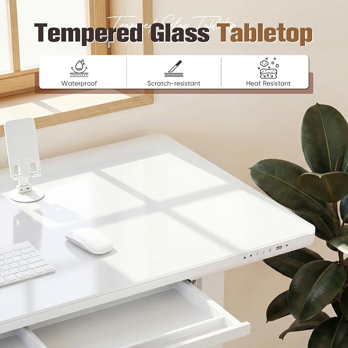 YESHOMY Electric Standing Desk with Tempered Glass Top, 55.1" Height Adjustable Desk with Partitioned Drawer & USB/Type-C Ports, Sit Stand Desk for Home Office, White