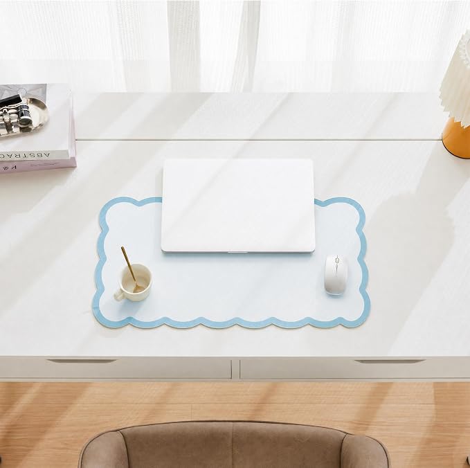Scalloped Desk Mat, 23.6" x 11.8" Cute Small Aesthetic Desk Accessories, PU Leather Computer Laptop Desk Mouse Keyboard Pad, Desk Writing Mat for Vanity/Work/Home Decor, Blue
