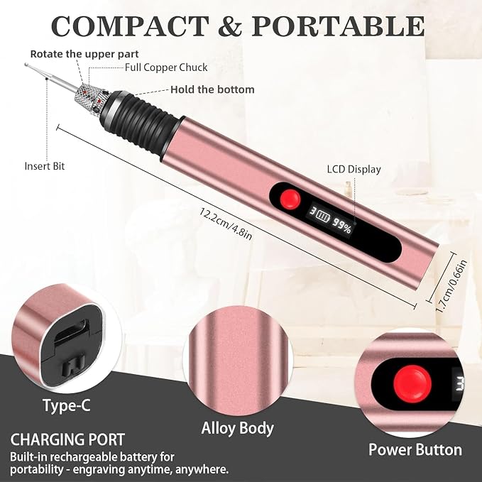 TUBINOONE Engraving Pen, Ultimate Cordless Portable Tool for Artists & DIYers - Engrave 50+ Surfaces - Beginner Friendly - Rechargeable - Free 30 Bits & Mastery Guide & Stencils (Brown)