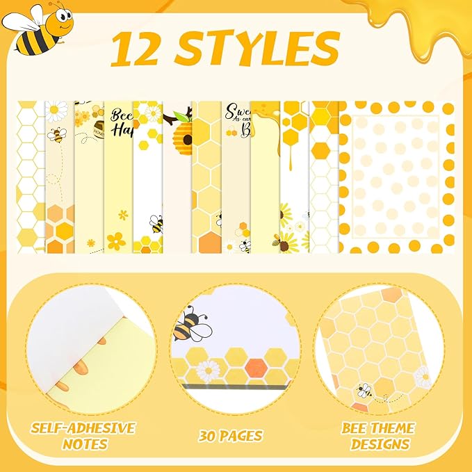 12 Pieces Bee Sticky Notes Bee Notepads Gifts 3x4 Inch Adhesive Honey Memo Notes for Women to Do List for Memo Reminder List for Office Home Supplies Teachers Gift