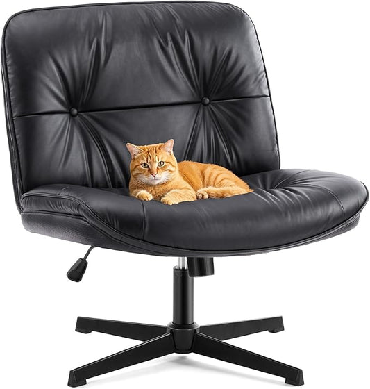 Sweetcrispy Criss Cross Armless Office Chair - PU Leather Adjustable 360° Swivel Wide Seat with Thick Padding, Ergonomic Rolling Computer Desk Task Chair for Modern Vanity & Makeup