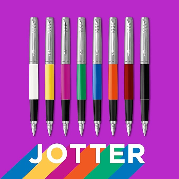 Parker Jotter Originals Fountain Pen, Classic Finish, Medium Nib, Blue & Black Ink (Pack of 6)