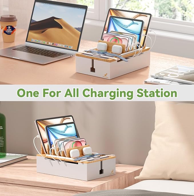 Pezin & Hulin Charging Station, Natural+White (No USB Charger and Cables) | Electronic Devices Organizer for Multiple Devices Charger Such As Cell Phone, Tablet, Watch and More - Bamboo