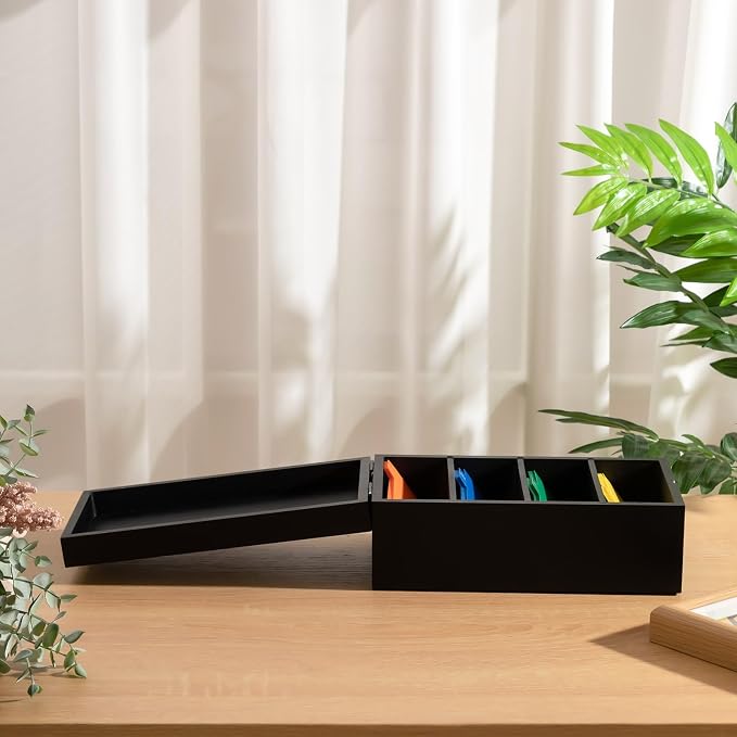 3 x 5 Inch Index Card Holder Set, Bamboo Organizer Box with 50 Dividers & 2 Sheets Alphabet Number Stickers File Note Holders, Holds 1200 Cards for Office Business Home Kitchen, Black