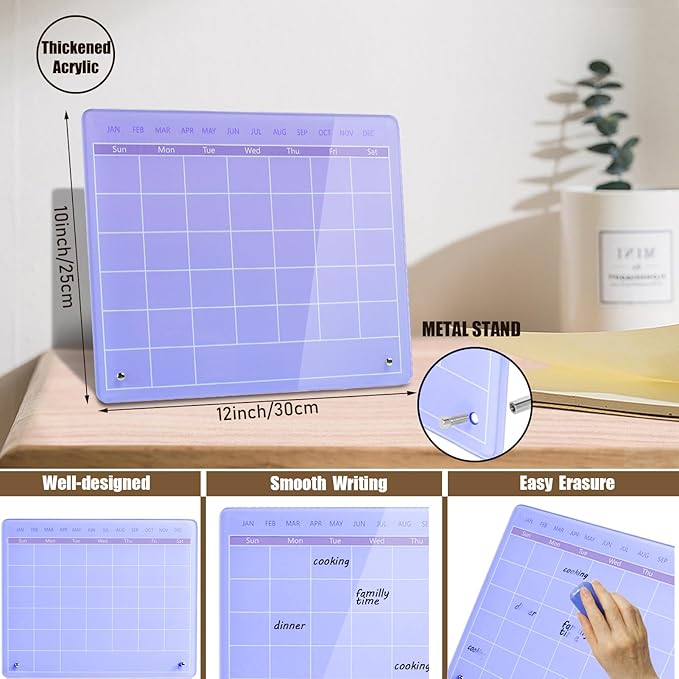 Calendar Dry Erase Board,12"X10",Acrylic Desk Calendar with Stand,Purple Dry Erase Board for Home Office School-YL-Pu-2530