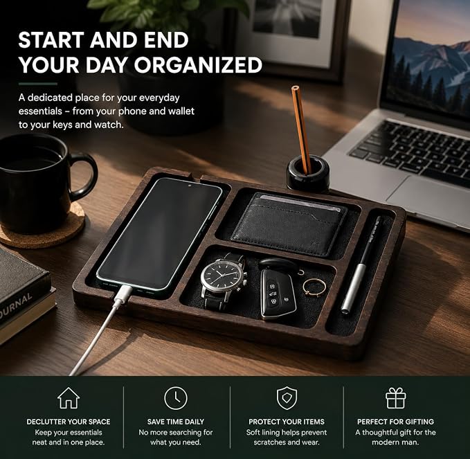 Desk Organizer Tray for Men with Ceramic Pen Holder, Wooden Valet Tray, Minimalist EDC Desk Organizer for Phone, Wallet, & Keys, Nightstand Bedside, Entryway, Birthday Gift for Him
