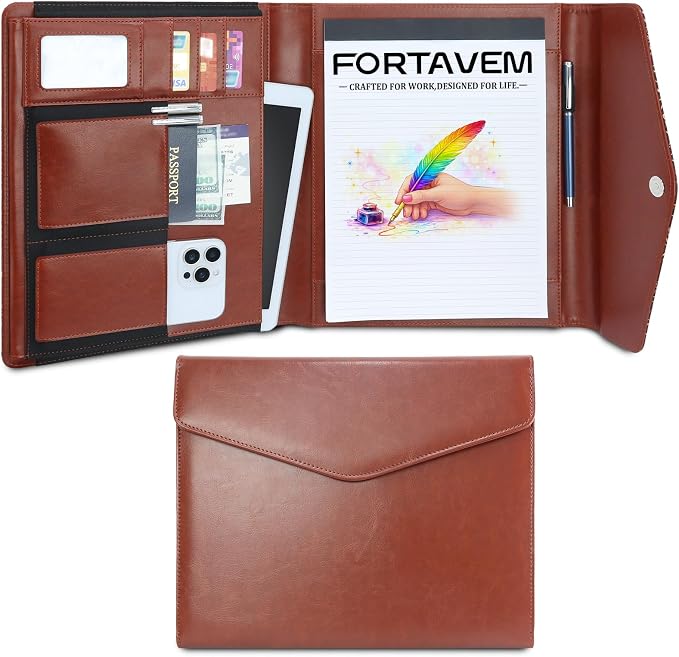 Professional Trifold Padfolio with Magnetic Closure – A4 Letter Portfolio Organizer for Business Meetings, Interviews & Presentations, Document Folder with Notepad Holder Brown