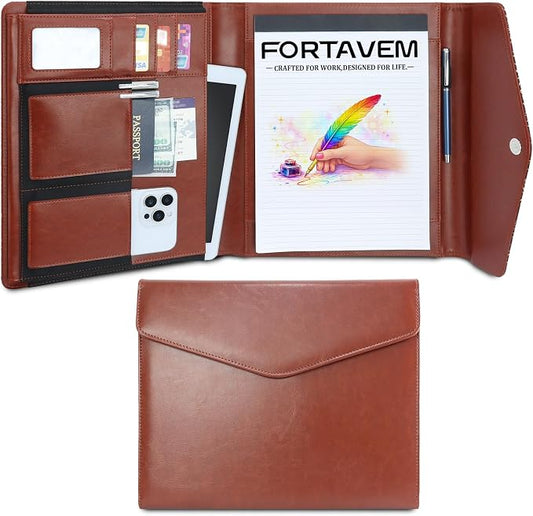 Professional Trifold Padfolio with Magnetic Closure – A4 Letter Portfolio Organizer for Business Meetings, Interviews & Presentations, Document Folder with Notepad Holder Brown