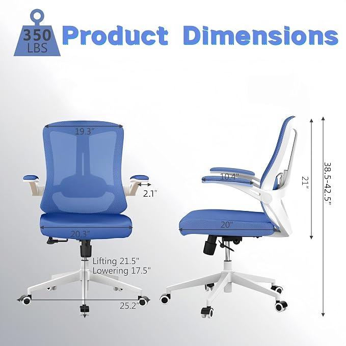 Office Chair (02BLue) | Smooth-rolling casters, space-saving design, height adjustable, for home office and gaming, sturdy construction