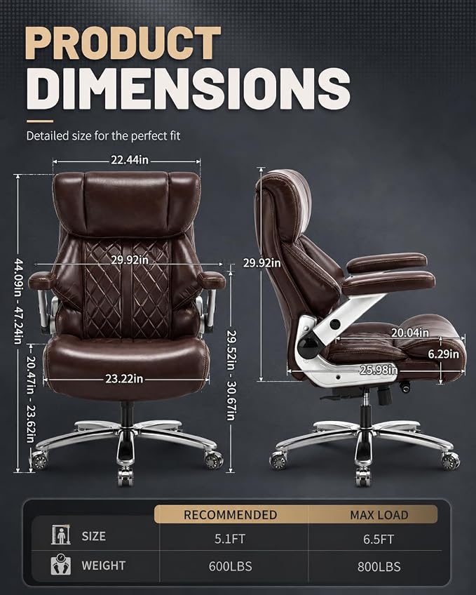 800lbs Big and Tall Office Chairs with 5D Flip Arms | Heavy Duty Desk Chair with Adjustable Lumbar Support, Office Chairs with Quiet Rubber Wheel and Extra Wide Seat