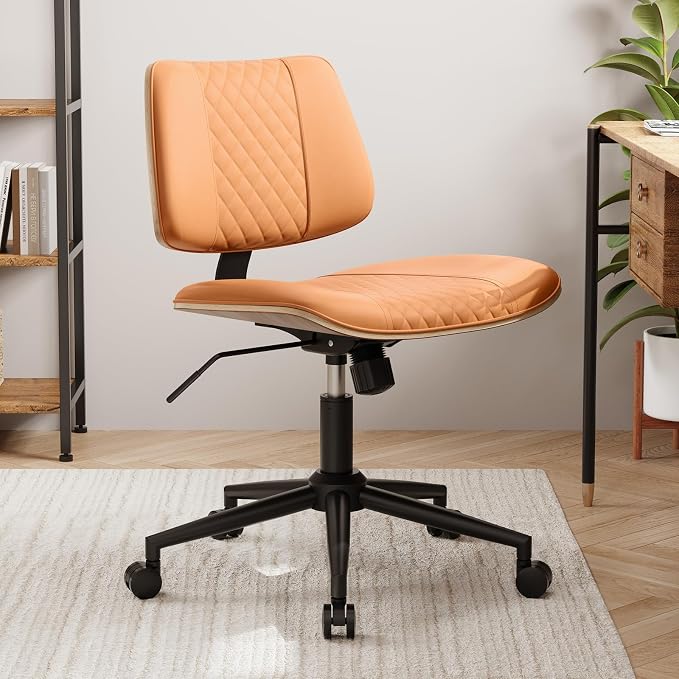Modern Armless Office Chair with Wheels, Adjustable Swivel Desk Chair with Wide Seat and Tilt Function, Faux Leather Mid Century Task Chair for Home Office, Bedroom, Vanity, Brown