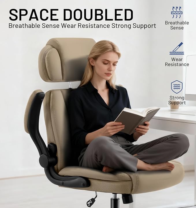 AreShark Ergonomic Office Chair with Lumbar Support, 400lbs Heavy Duty Big and Tall Executive Desk Chair, PU Leather High Back Computer Chair with Flip-Up Arms & Adjustable Headrest, Khaki