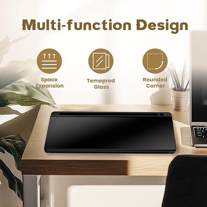 Glass Desktop Whiteboard, Dry Erase Board with Marker Holder, Computer Monitor Message Board and Desk Organizer for Home, Office and School Supplies (Black)