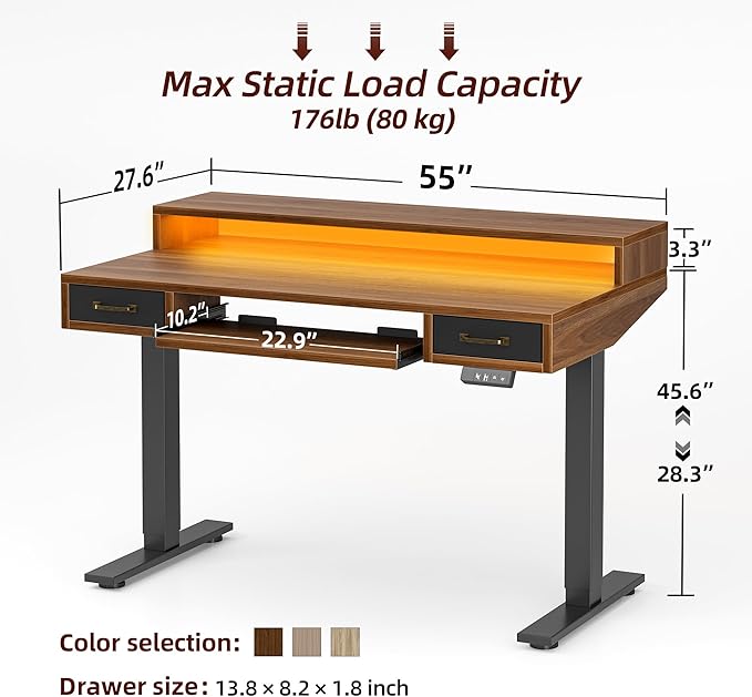 TIQLAB Standing Desk with Two Drawers, Stand Up Standing Desk Adjustable Height, Electric Sit Stand Table with Storage Shelf and Splice Board, with LED Light, 55 * 28 inch, Black Walnut