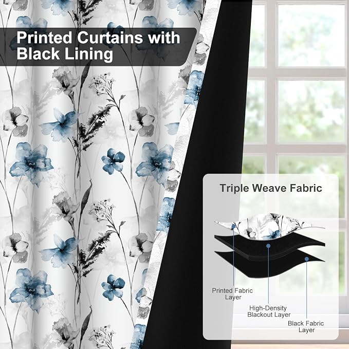 Watercolor Blue Floral Blackout Curtains for Bedroom and Living Room, Grommet Light Filtering Black Out Window Curtains 63 Inch Long 2 Panel Sets, Room Darkening Thermal Curtains for Winter Insulated